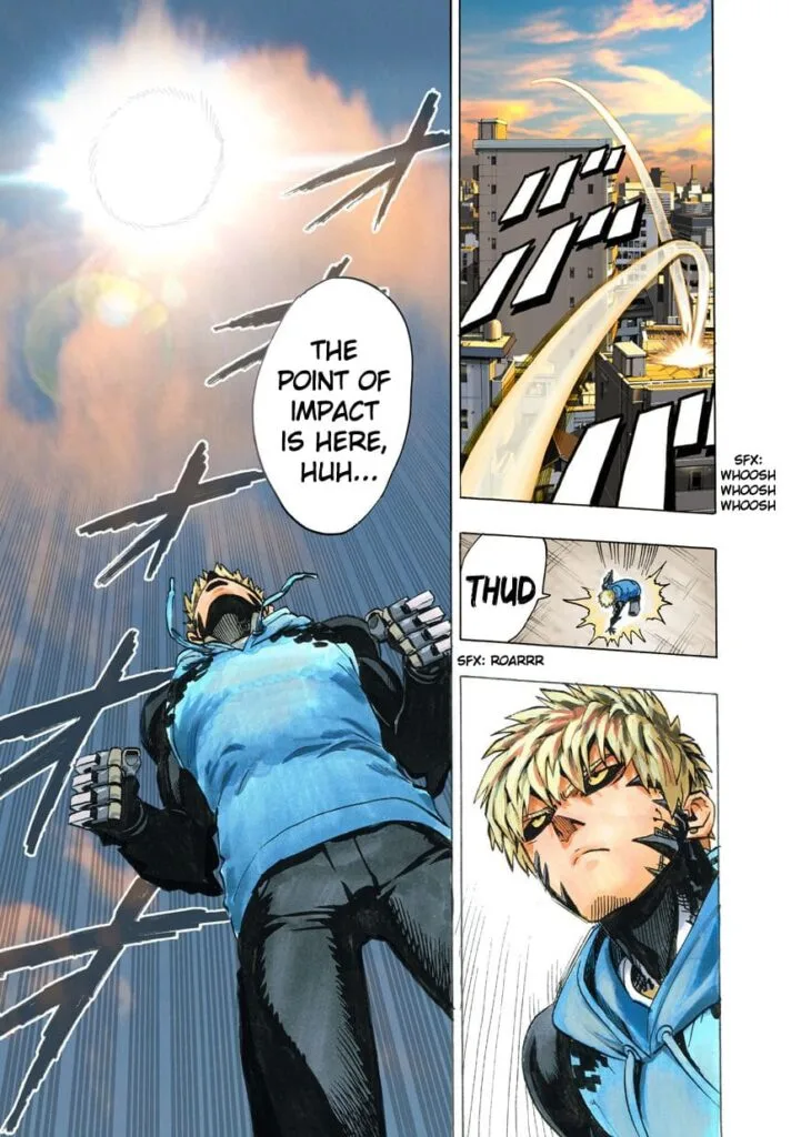 Genos jumps from building to building to find the point of impact of the giant meteorite.