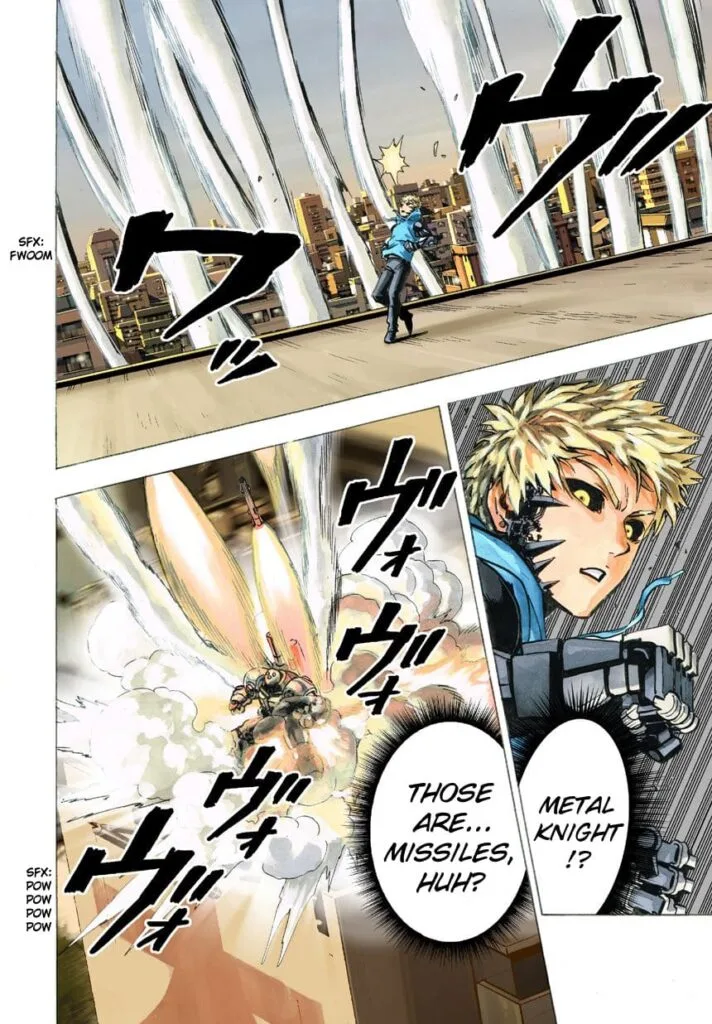 Genos is surprised to see the missiles launched by Metal Knight.