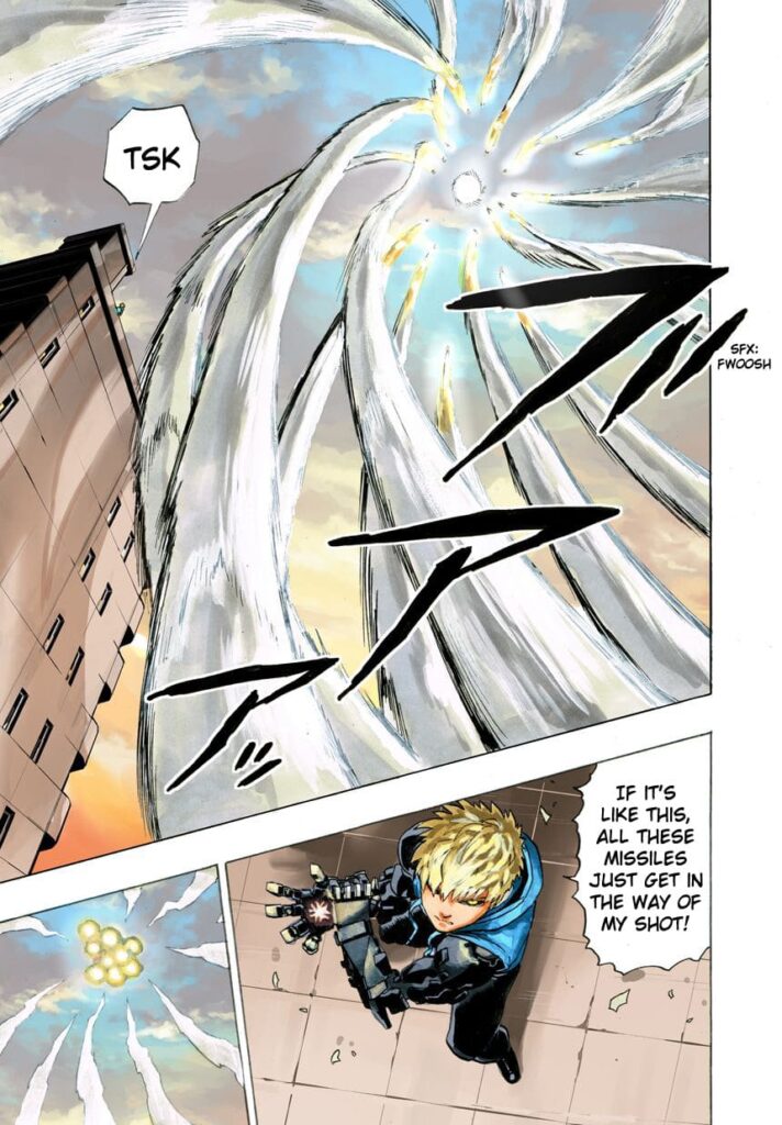 The missiles hit the meteorite while Genos prepares to incinerate it.