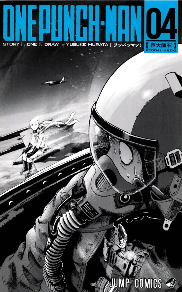 A jetfighter pilot is surprised upon seeing Saitama sitting on the plane's wing.