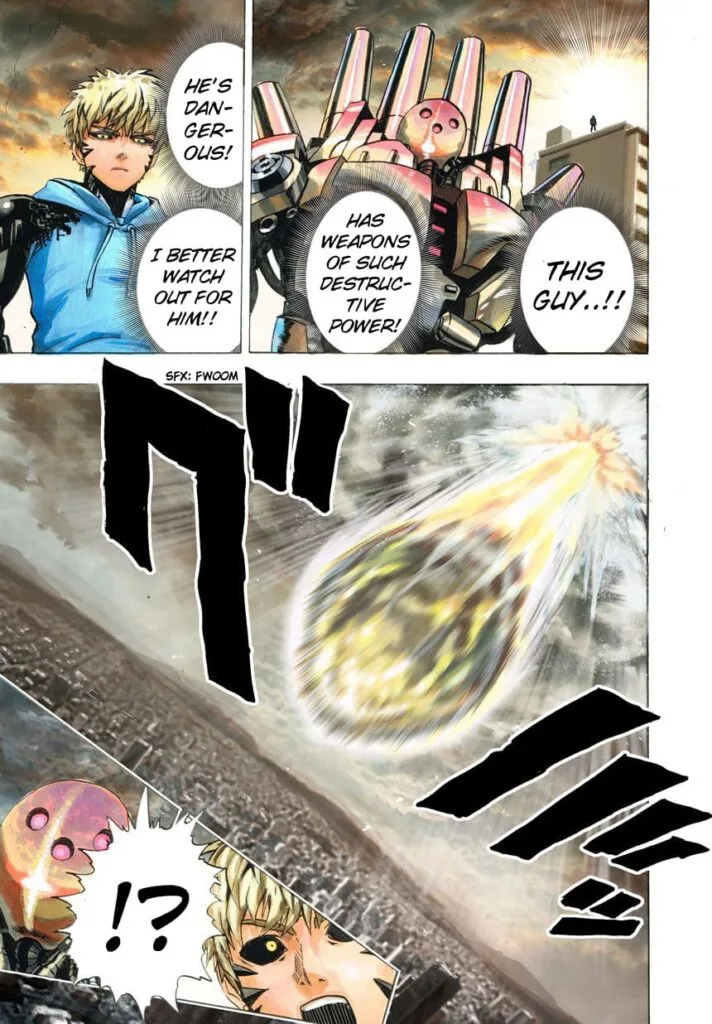 Genos and Metal Knight get shocked as the giant meteor remains unscathed.