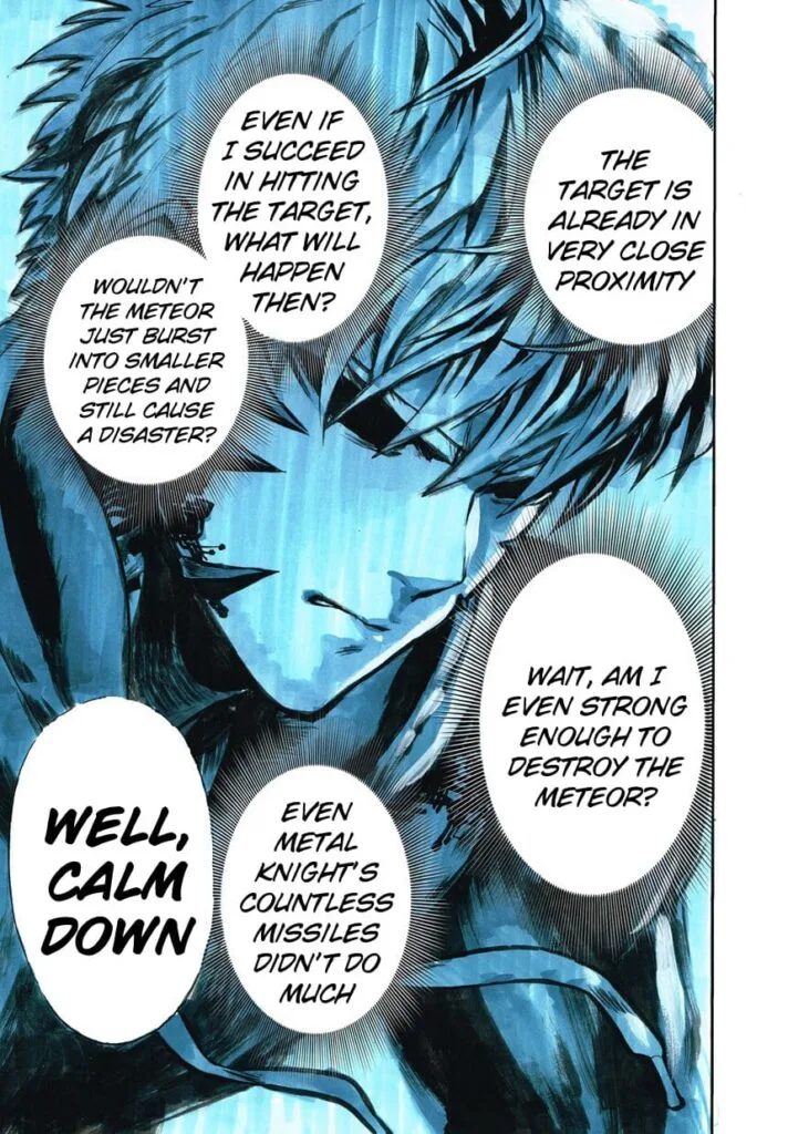 Genos calculates his moves to destroy the giant meteorite but gets intrusive thoughts instead.