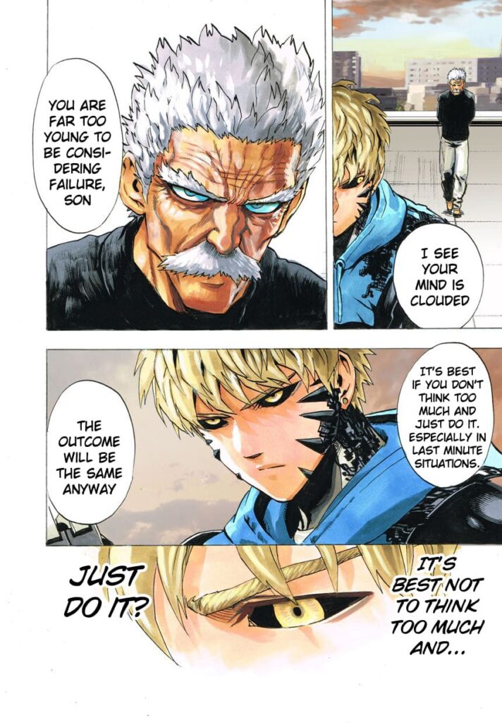 Bang approaches from behind, helping Genos clear his mind.