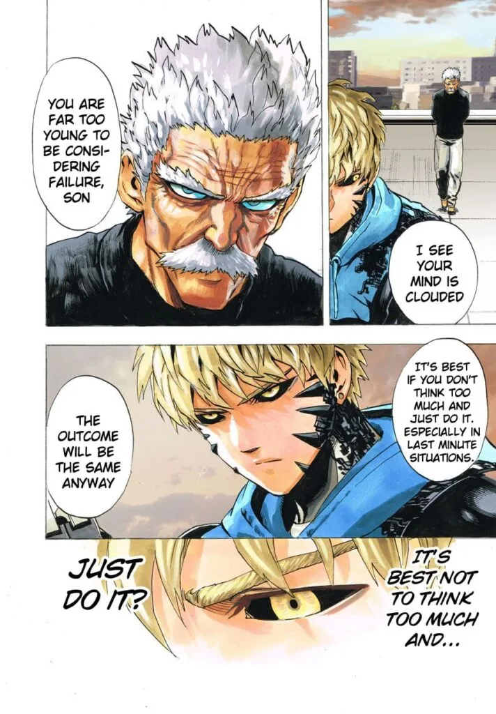 Bang approaches from behind, helping Genos clear his mind.