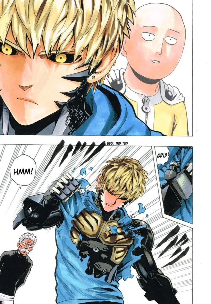 Genos remembers his Sensei's (Saitama) advice about not giving up and tears his t-shirt.