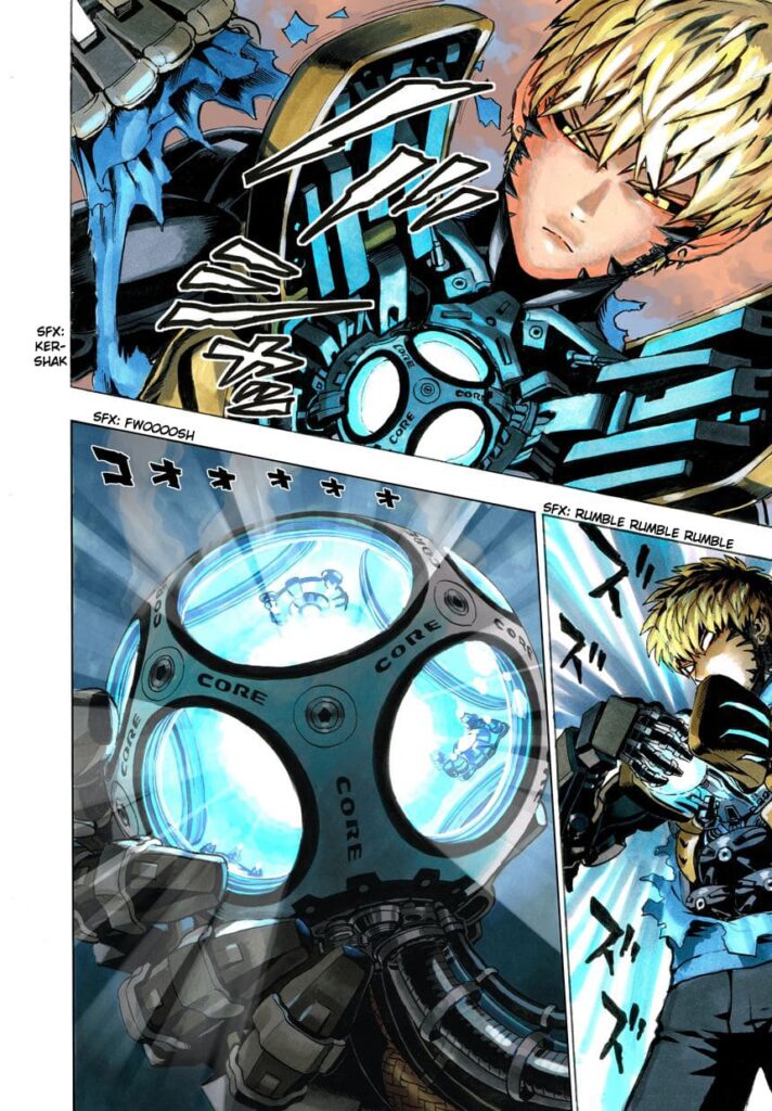 Genos takes out his glowing core from his chest.