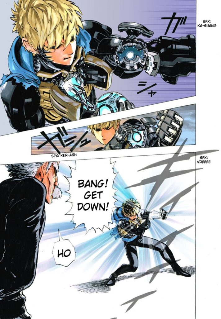 Genos inserts the core into his left arm to massively power it up.