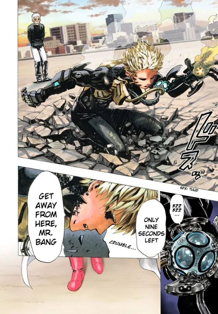 Genos collapses after exhausting his power, telling Bang to escape with nine minutes left till impact.