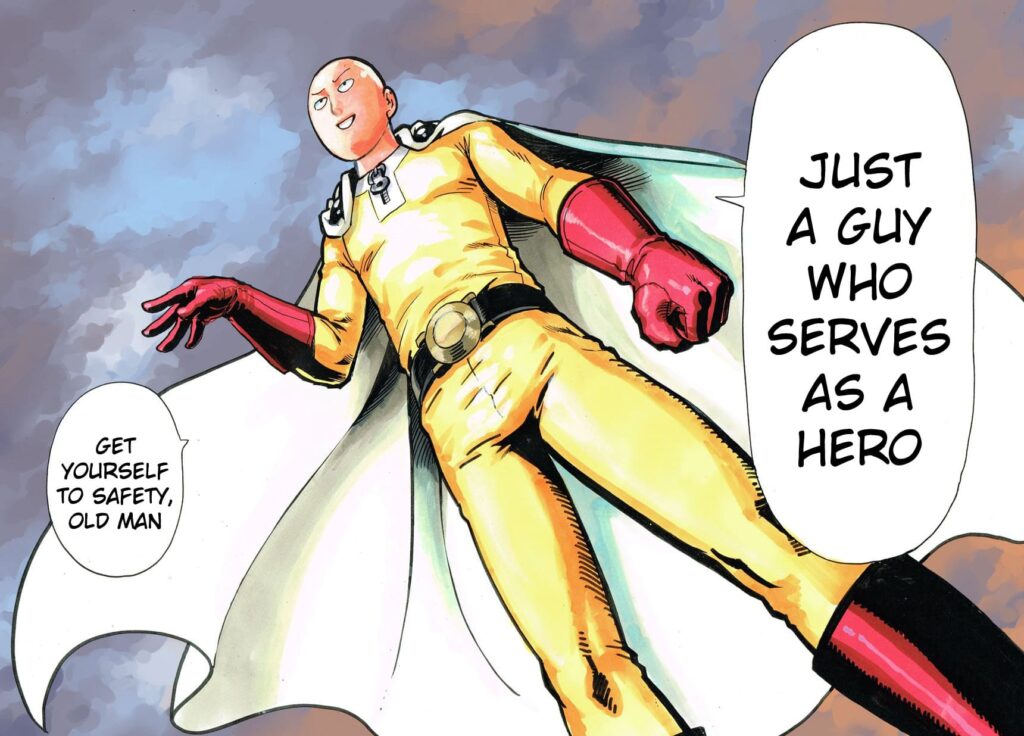 Saitama tells Bang he's just a guy who serves as a hero while showing his iconic egglike face.