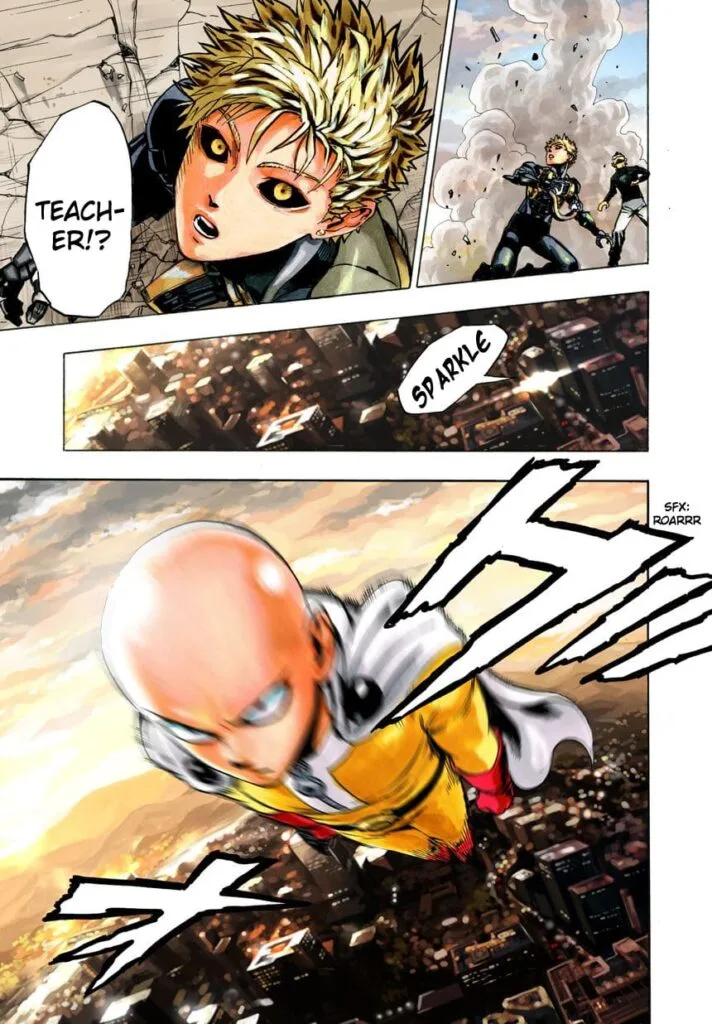 Saitama heads towards the giant meteor while Genos watches him with awe.