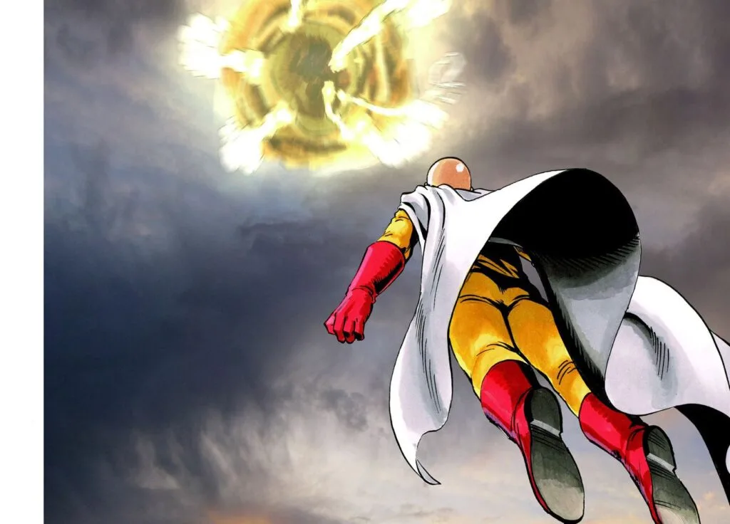 Saitama gets close to the giant meteor.