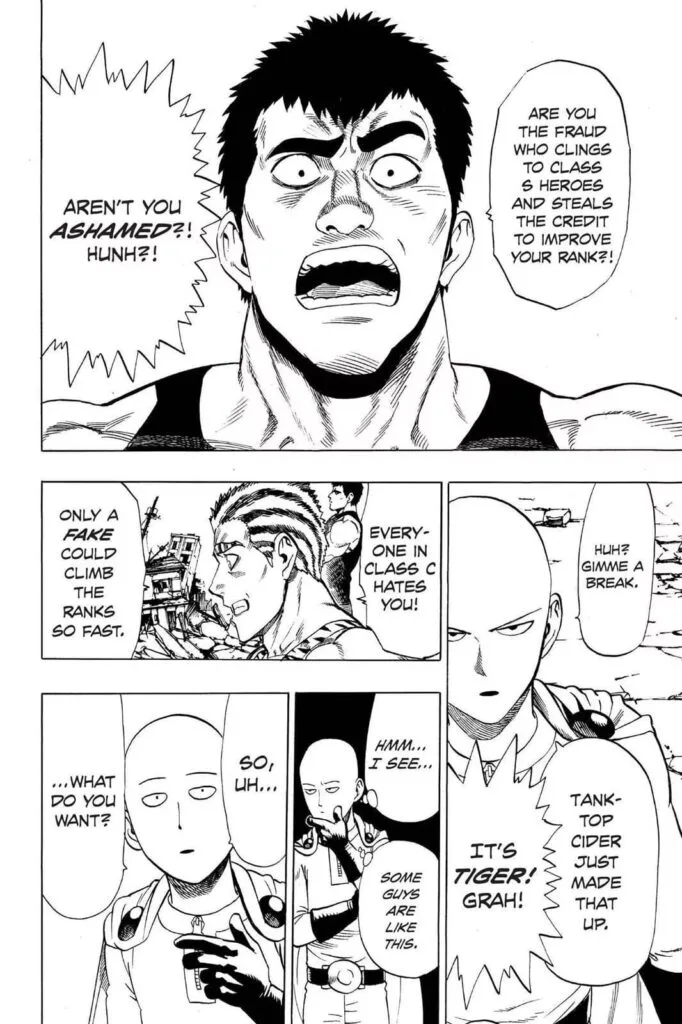 Tank Top Black Hole accuses Saitama of "piggybacking" to Class S Heroes to raise his ranking.