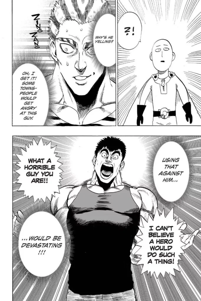 Saitama looks unseriously dumbfounded while Tank Top Black Hole continues accusing him so the townspeople can hear.