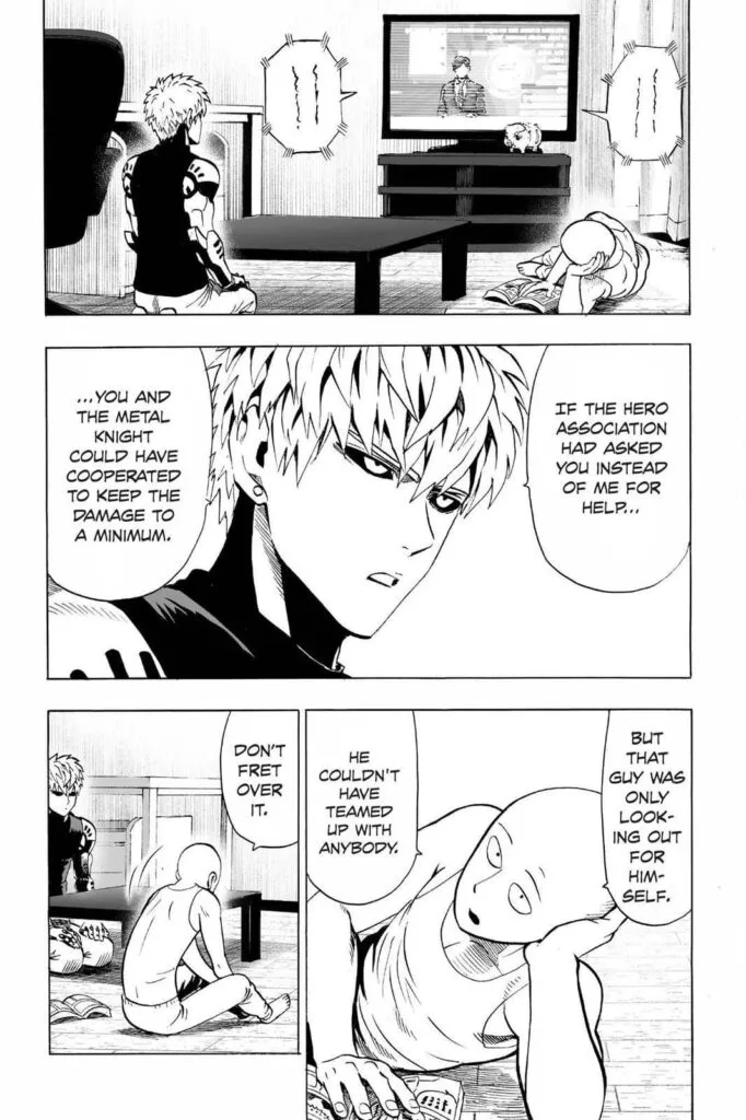 Genos and Saitama are watching the news on TV.