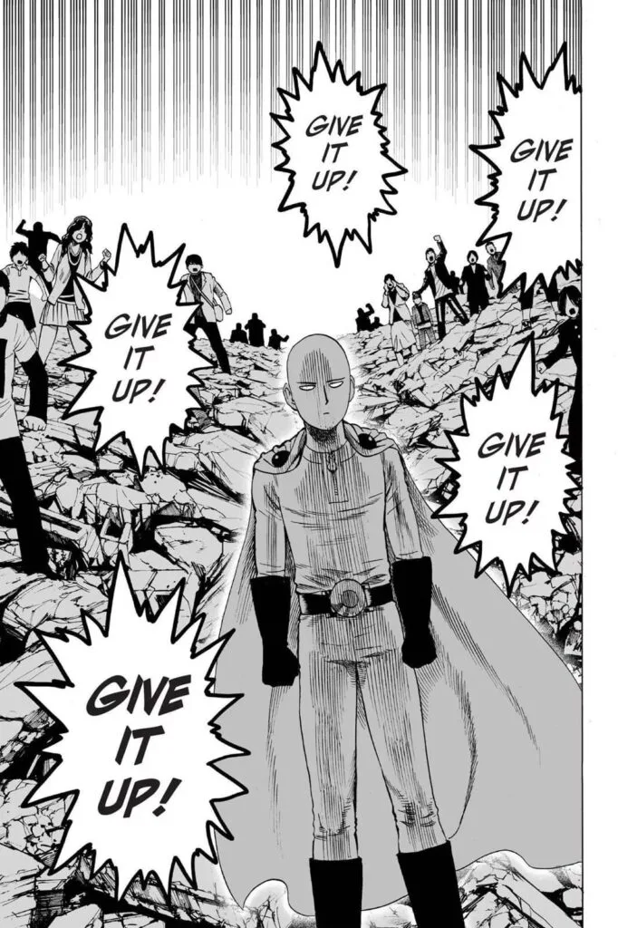 Saitama looks peeved as the townspeople jeers at him to give up.