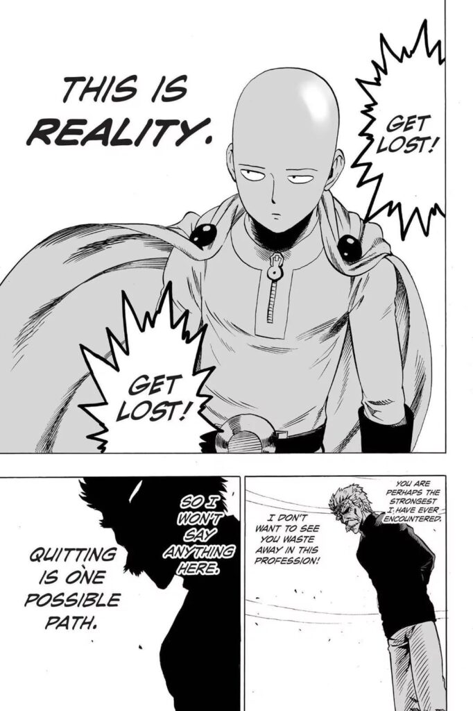 Saitama keeps calm while Bang continues to watch.