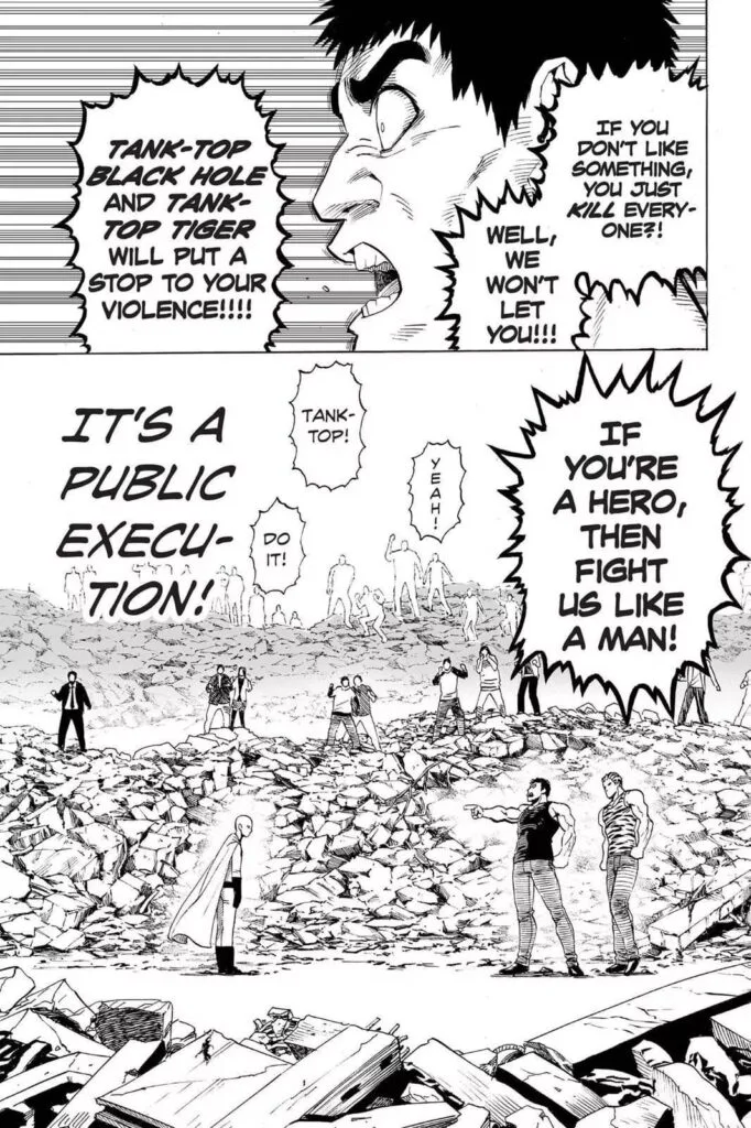 Tank Top Black Hole and Tiger decide to punish Saitama as a form of public execution.