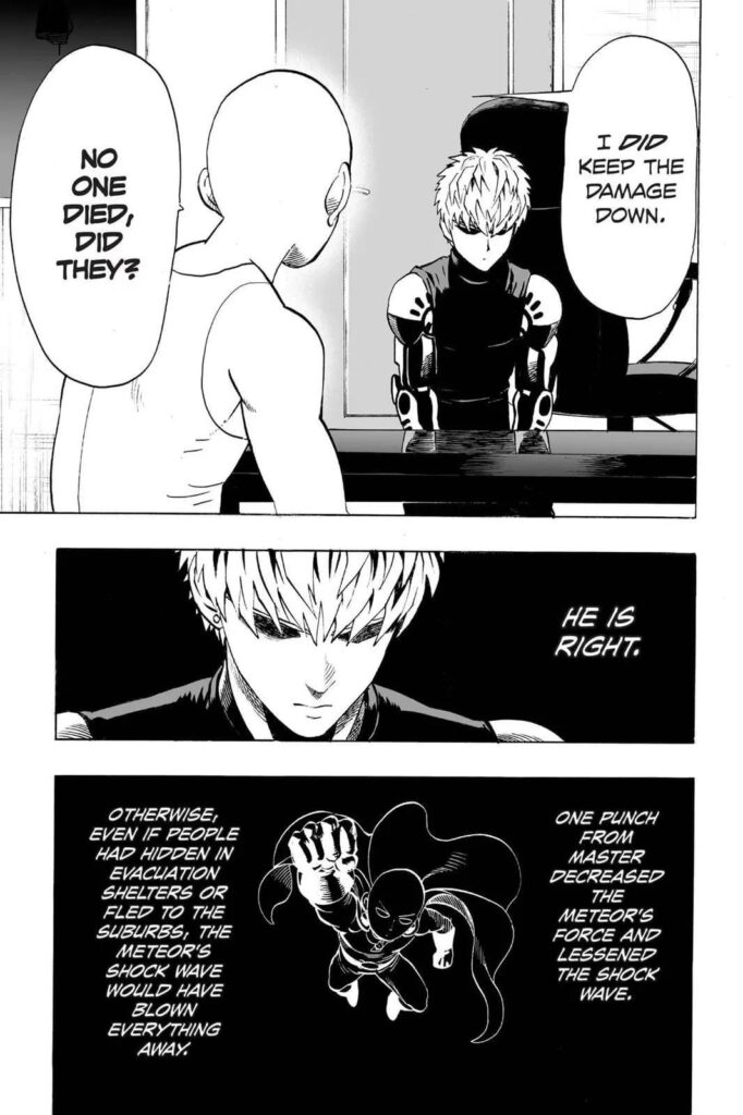 Genos realizes Saitama's 1 punch saved everyone even though the damage to the city was great.