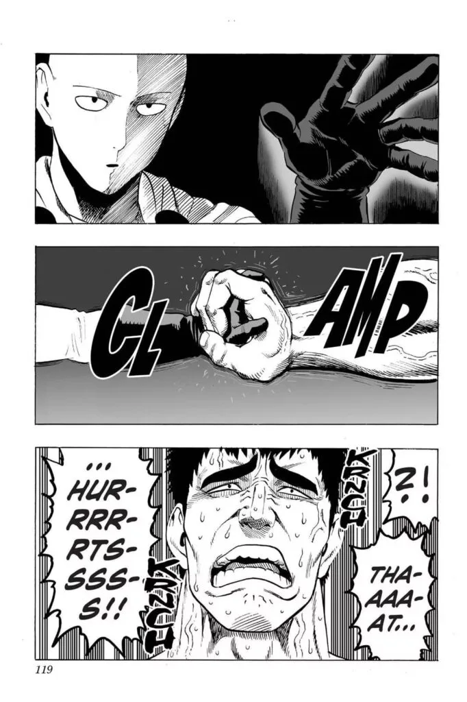 Tank Top Black Hole catches Saitama's palm and starts crushing it, but he's the one in pain after Saitama crushes his hands instead.