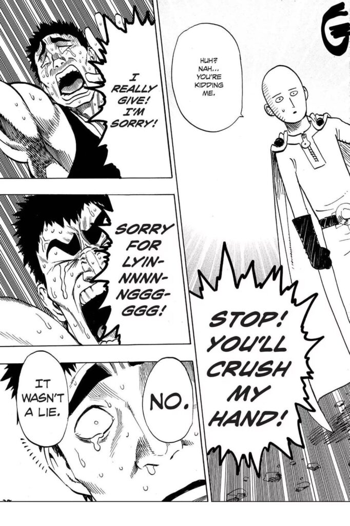 Tank Top Black Hole started crying while surrendering so Saitama could stop crushing his hand.