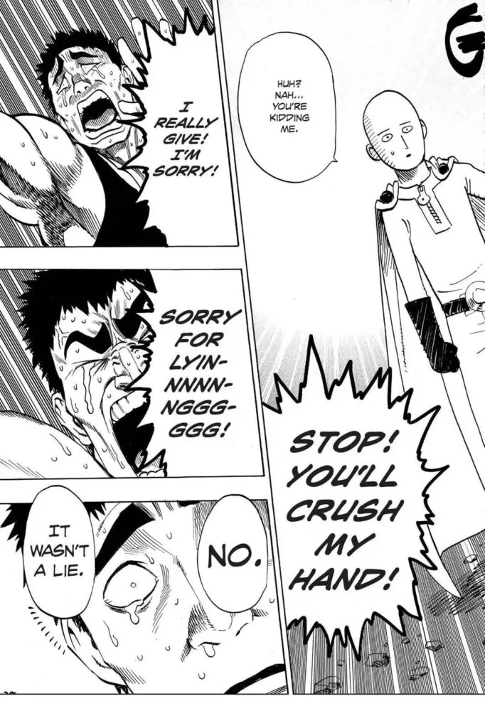 Tank Top Black Hole started crying while surrendering so Saitama could stop crushing his hand.