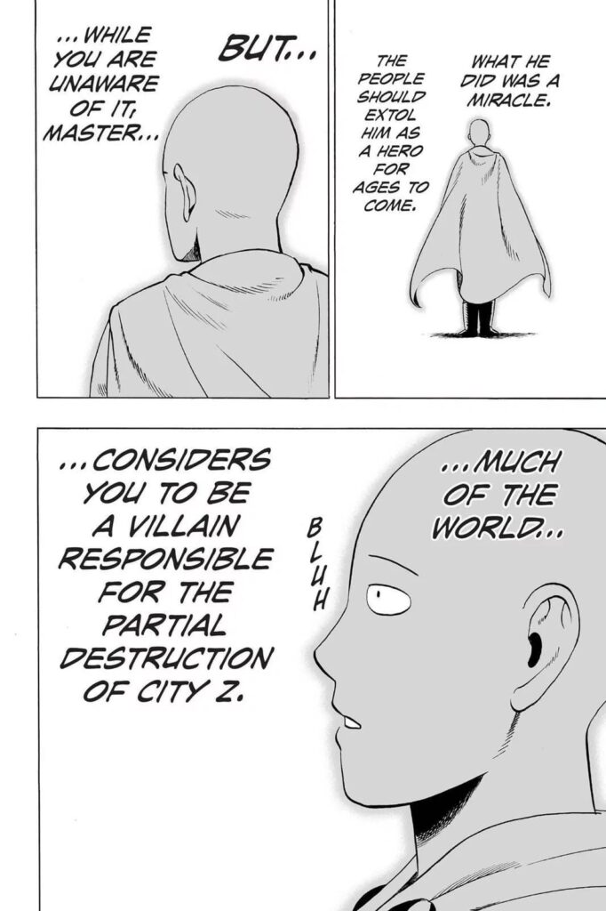 Saitama is walking while Genos thinks what he did was a miracle.