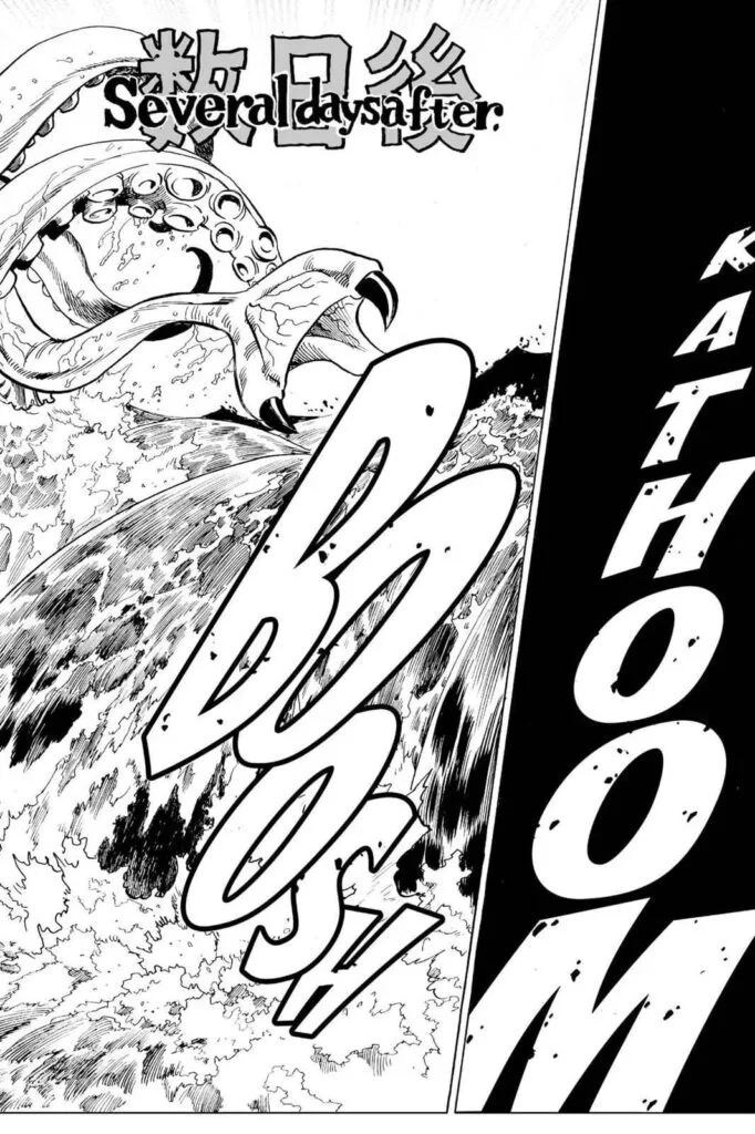 The scene from the previous page is immediately cut, and this page now shows a sea monster attacking several days later.