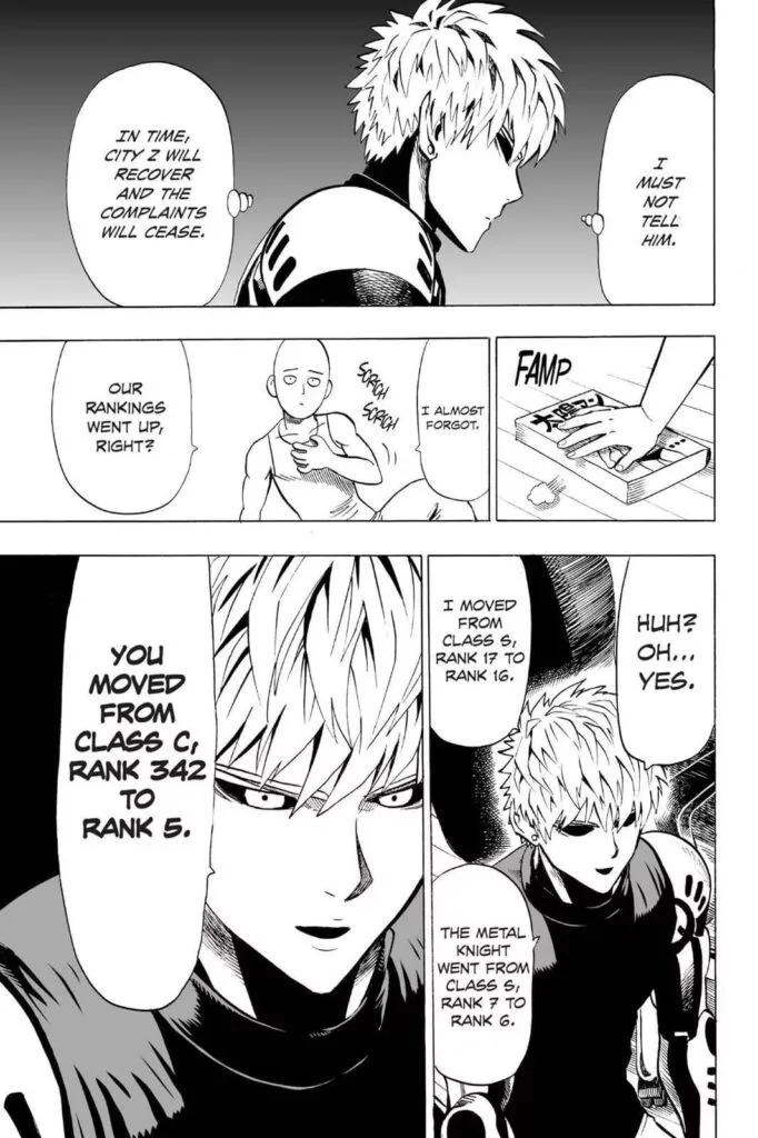 Genos is seeing their updated rankings with him from S-Class Rank 17 to 16 and Saitama from C-Class Rank 342 to Rank 5.