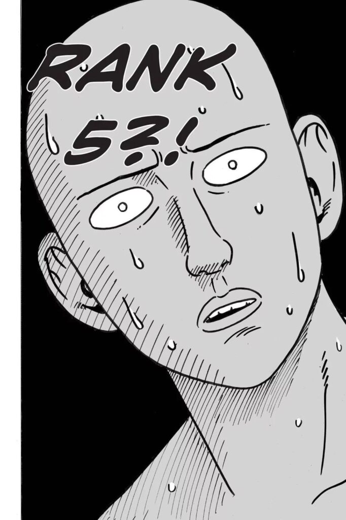 Saitama is sweating profusely, feeling disappointed after hearing he is at Rank 5 Class C.