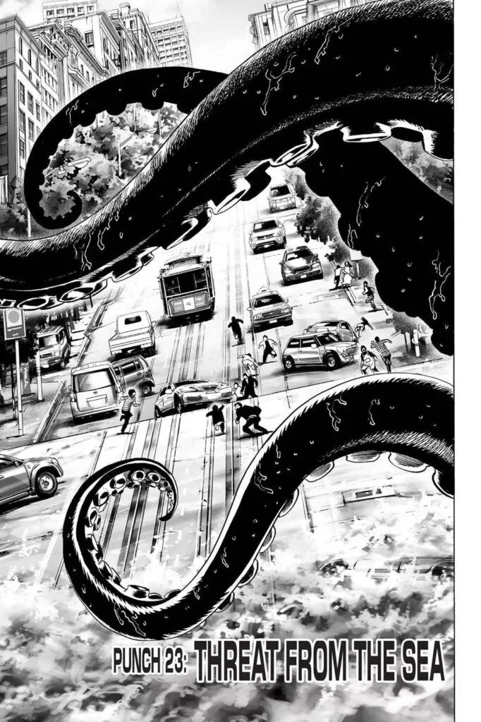 The opening image of One Punch Man Manga Chapter 23 shows giant tentacles while the citizens panic in the street.