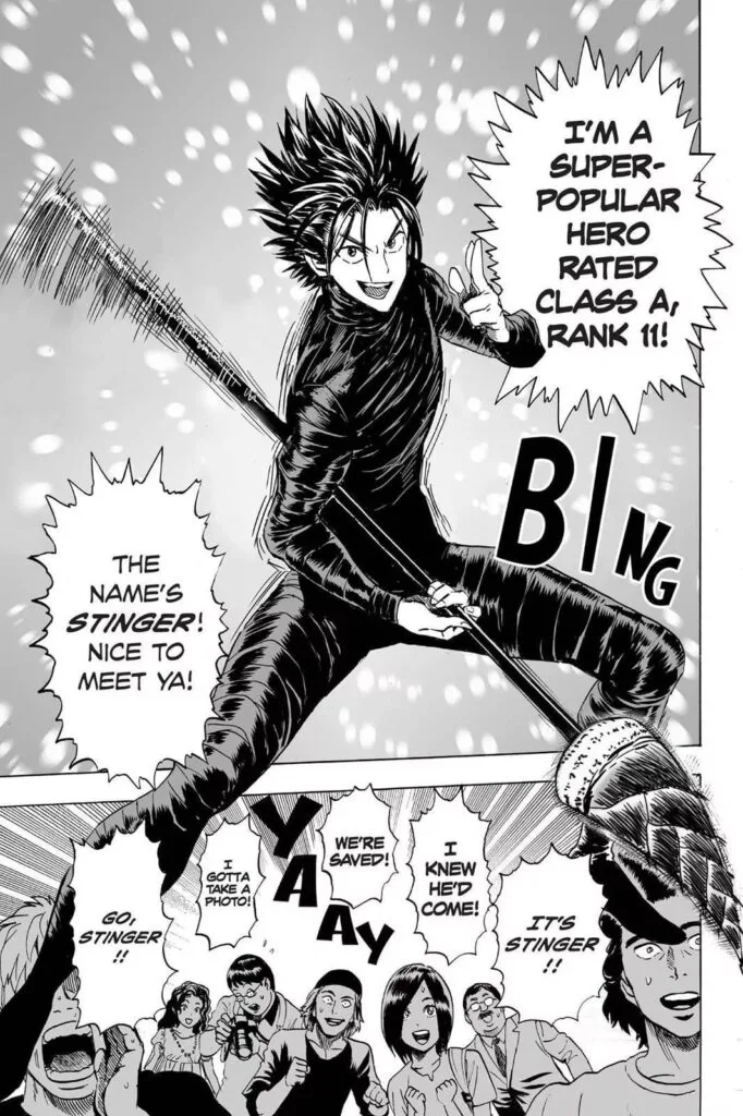 The hero, wearing black and holding a spear, introduced himself as an A-Class Rank 11 Stinger in front of the relieved people.