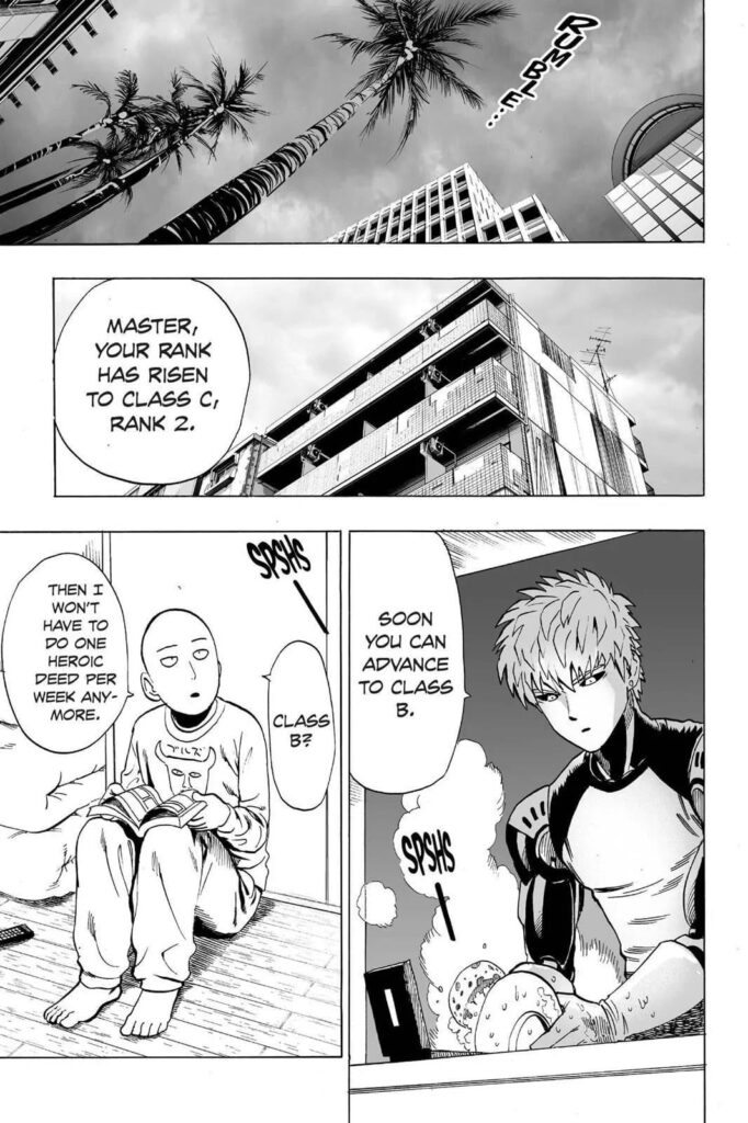 Cut to the scene, Genos washes the dishes while informing his Saitama Sensei that he's gone up in rank.