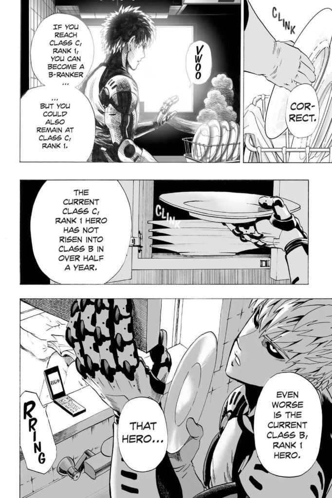 Genos finishes washing the dishes while discussing rank advances in the Hero Association.