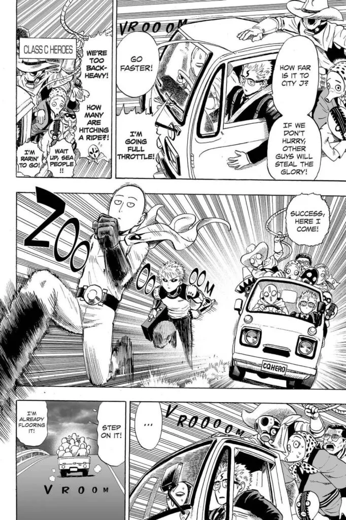 Saitama and Genos run and overtake C-Class heroes riding a car also heading to City J.