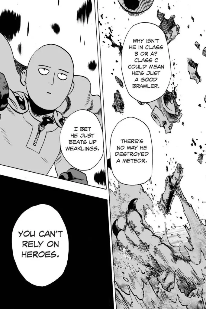 Saitama lands down with his signature bored face while the monster's flesh rains down around him.