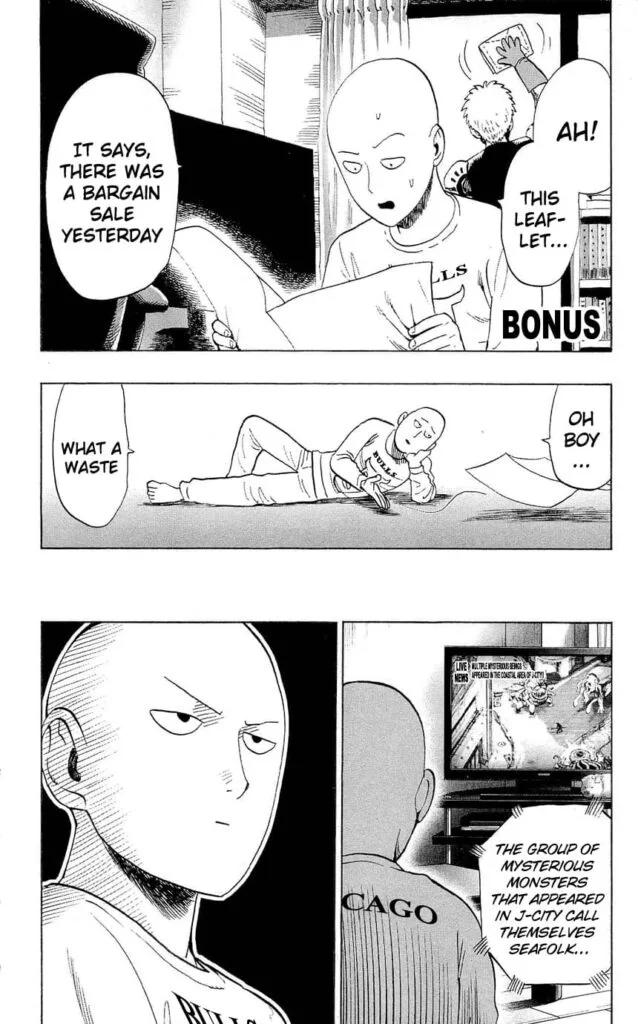 Cut to the scene, Saitama reads a leaflet about a sale while watching the news.