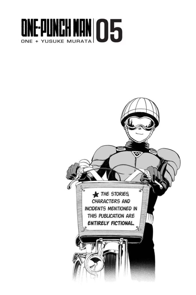 Mumen Rider is walking his bike with a placard about OPM Manga being fictional.