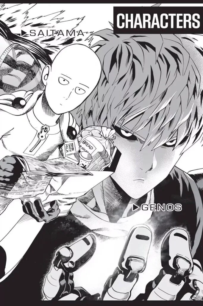 Saitama reading a manga while Genos looks serious.