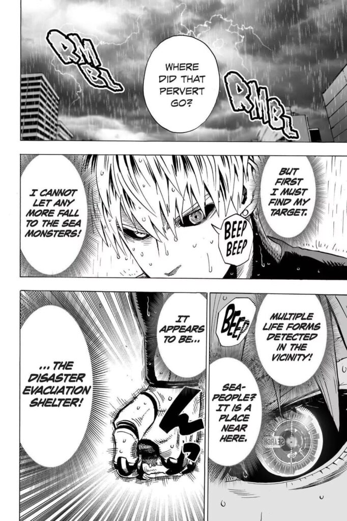 Genos scans for the location of the Deep Sea King but finds the evacuation shelter.