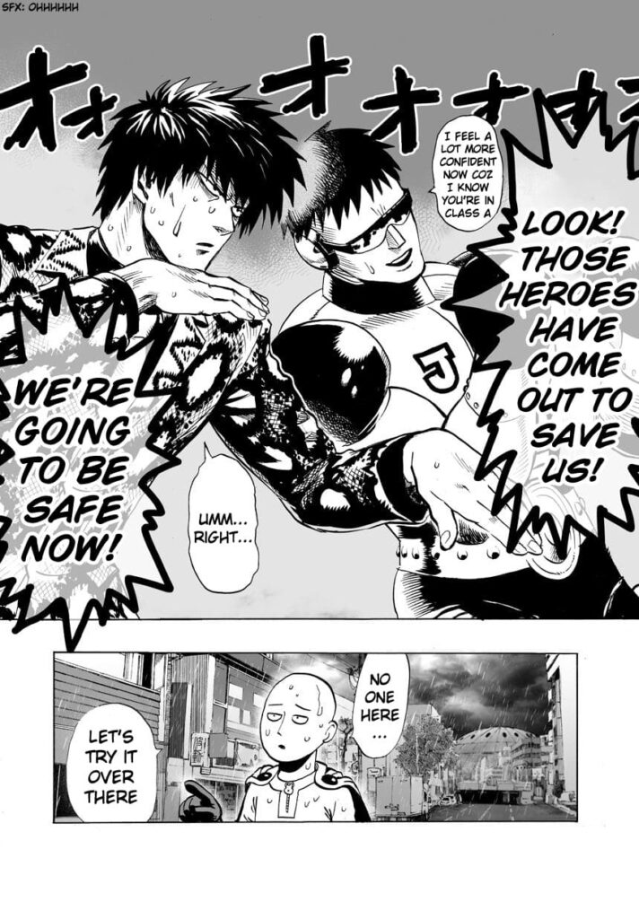 B-Class hero talks with Snek while feeling confident about the presence of a A-Class hero, while Saitama is lost in the city.