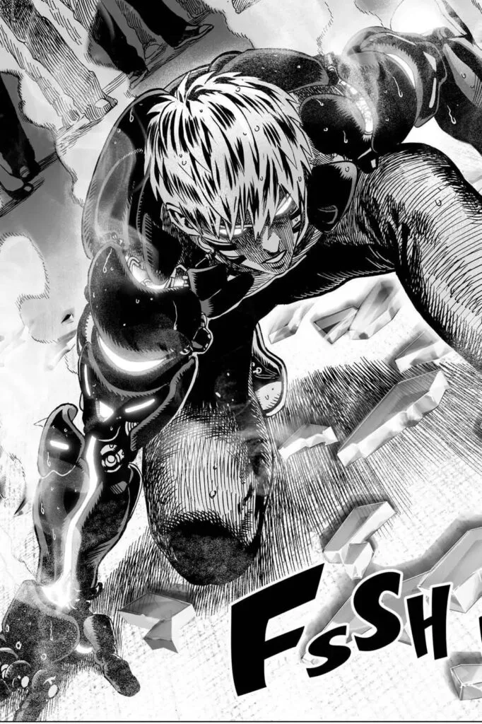 The hero that arrives is Genos, who is in superhero landing mode while his body is glowing and smoking.