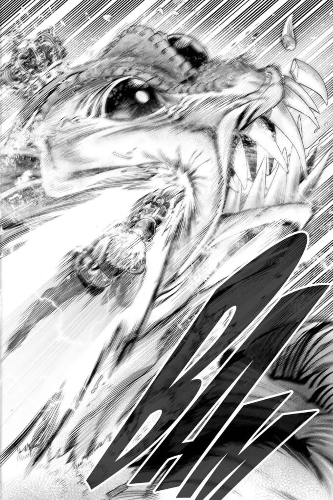 Genos delivers a powerful punch to the face of the monster.