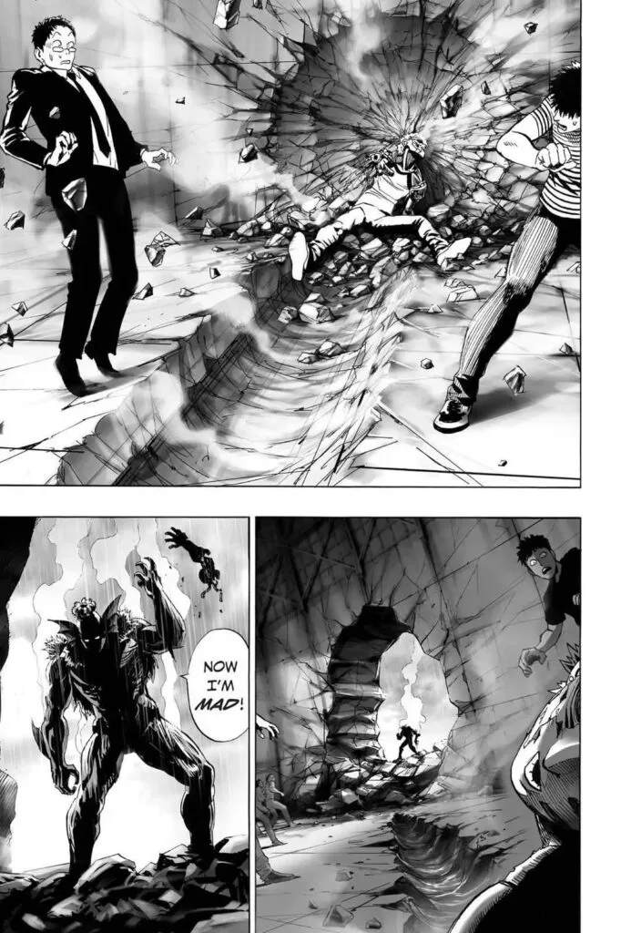 Genos gets thrown on the wall, and the Deep Sea King approaches.