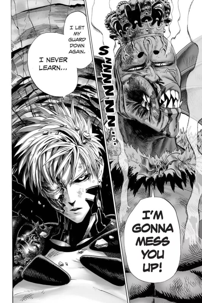 The Deep Sea King's cheek looks destroyed while Genos stays lying on the wall.