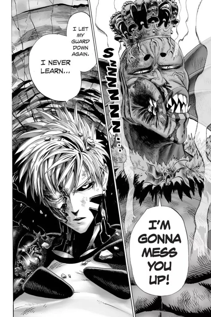 The Deep Sea King's cheek looks destroyed while Genos stays lying on the wall.