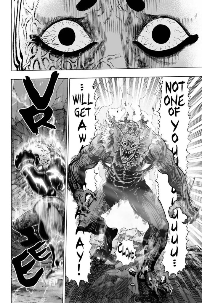 The monster fixes his face and starts chasing the citizens while Genos powers up.