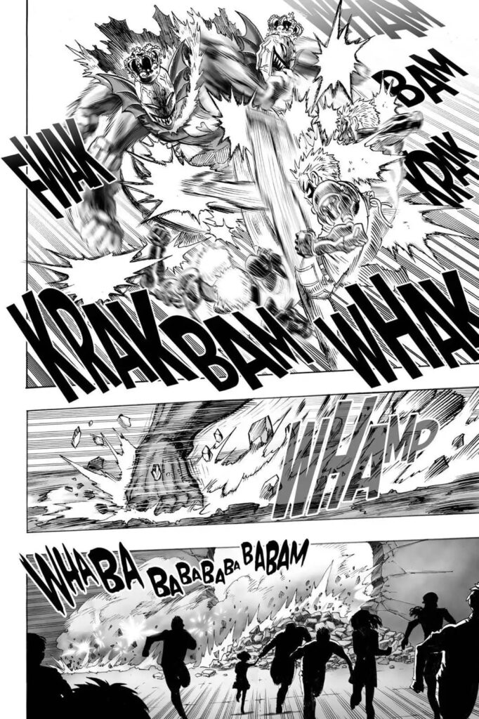 Genos and the Deep Sea King fight inside the shelter as the citizens flee.