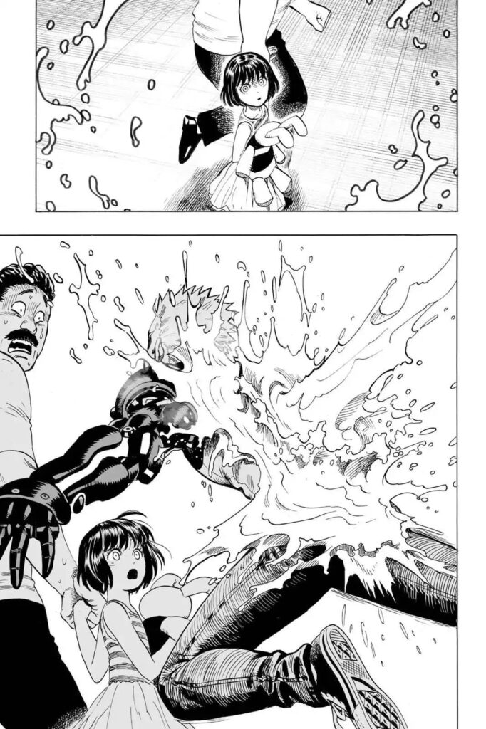 Genos protects the little girl by blocking the acid from hitting her.