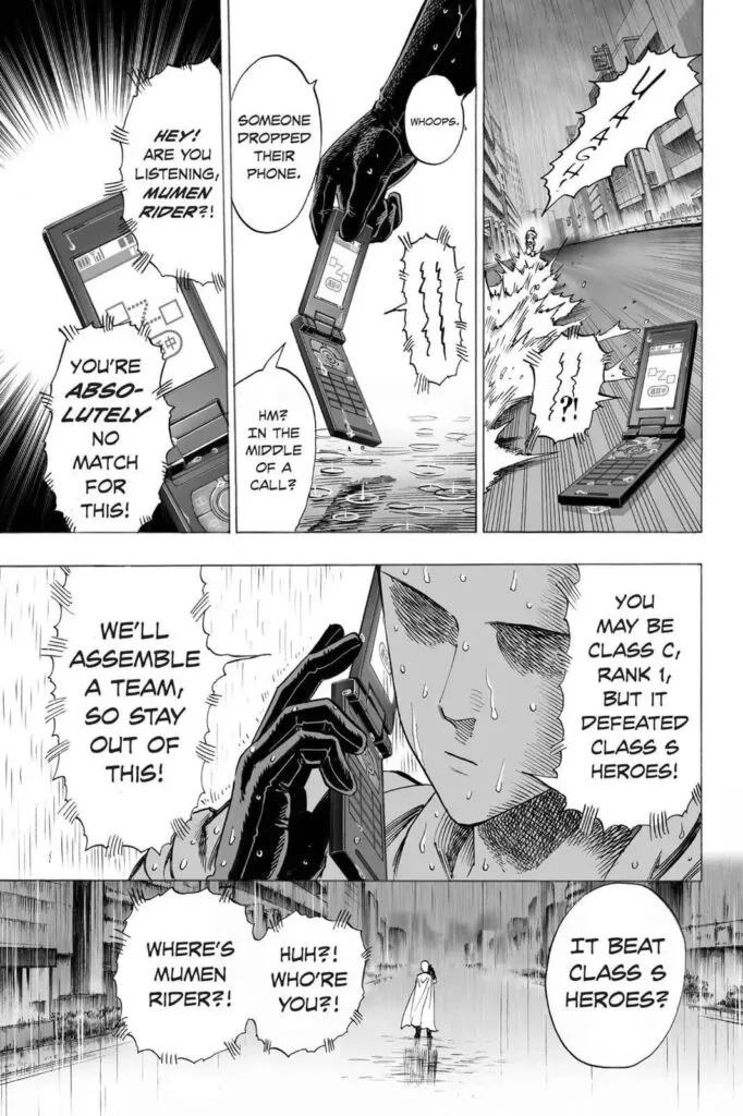 Saitama picks up Mumen Rider's phone and talks to the other guy in the line.