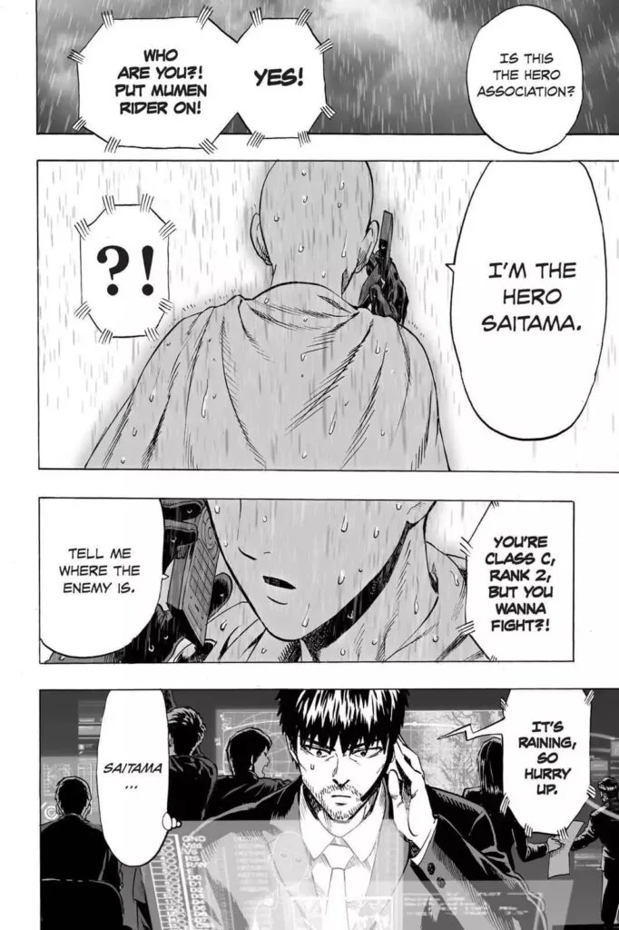 Saitama asks for the monster's location from the Hero Association, which is on the other side of the phone.